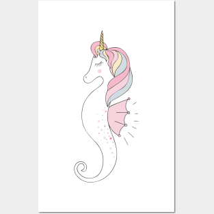 Pastel Rainbow Unicorn Seahorse with Stars, Pearls and Hearts Posters and Art